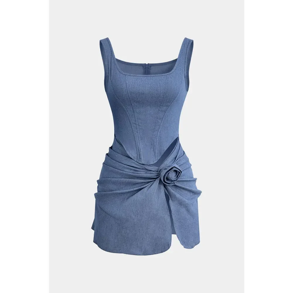 Micas 3D Flower Ruched Girly Tank Mid Wash Mini Denim Dress XL - Picture 6 of 6